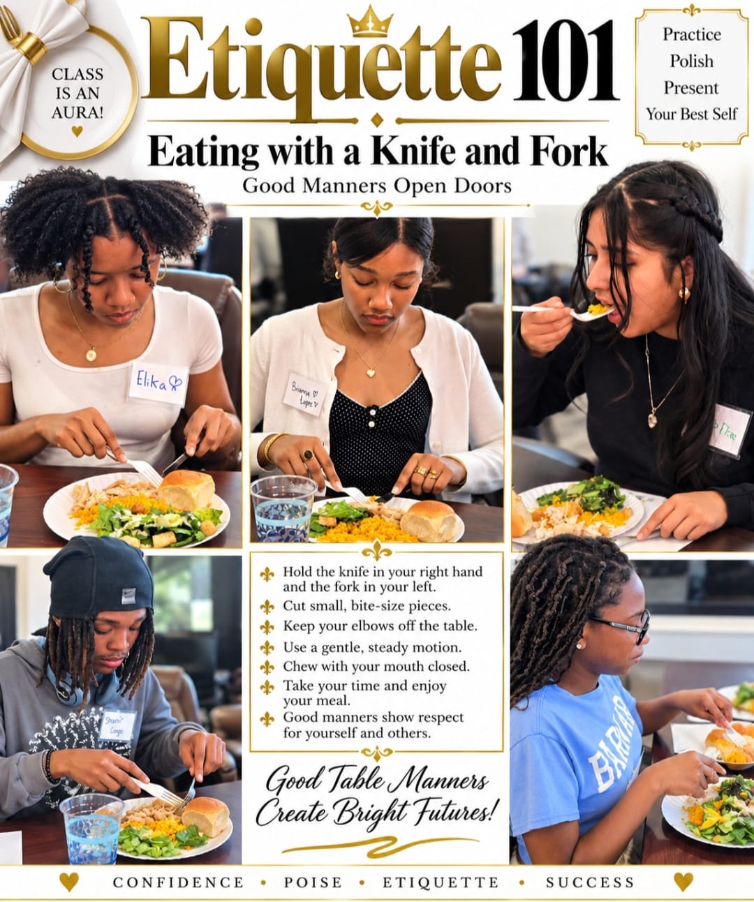 MEG students practicing formal dining etiquette with a knife and fork